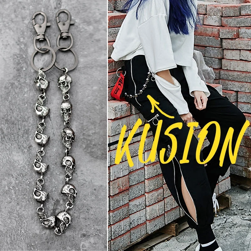 59CM Men\'s Waist Key Chain Skull Head Metal Vintage Hip Hop Gothic Punk Skeleton Pants Trousers Jean Biker Wallet Key Ring DW55