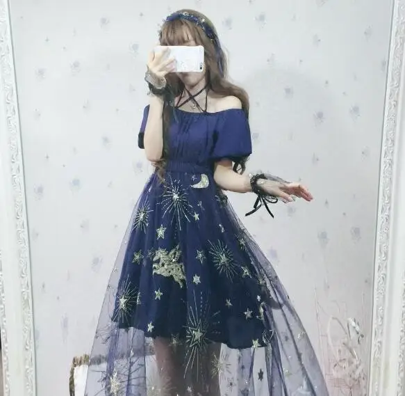 Vintage Kawaii Girl Sweet Lolita Dress Cute Stamping Mesh Slash Neck Puff Sleeve High Waist Victorian Dress Gothic Lolita Op Cos