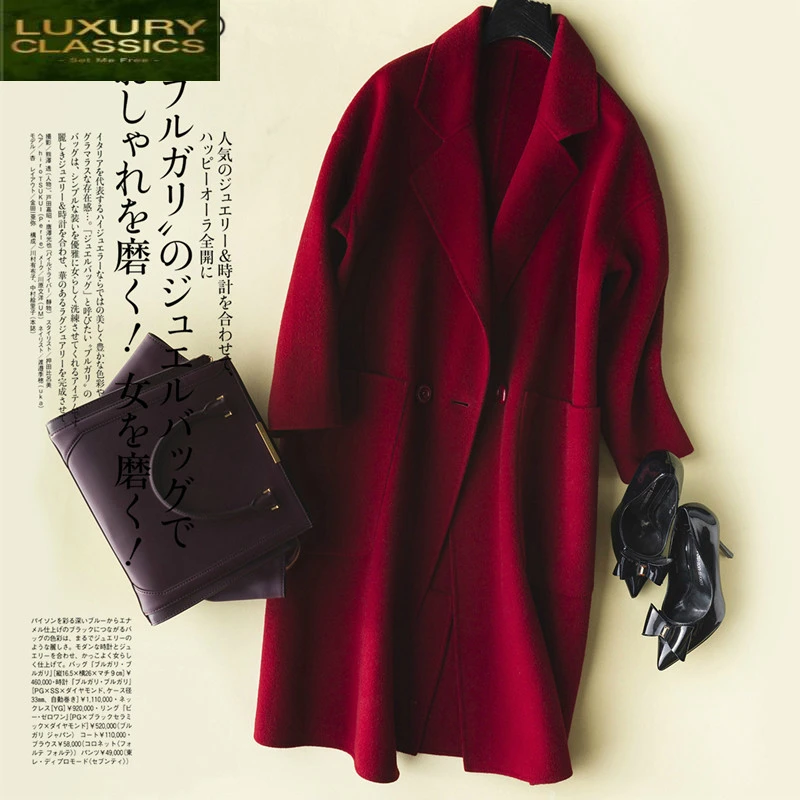 

Coats Winter 2021 Woman Double Breasted 100% Sided Wool Coat Female Korean Long Woolen Jackets Spring Overcoat LWL1334