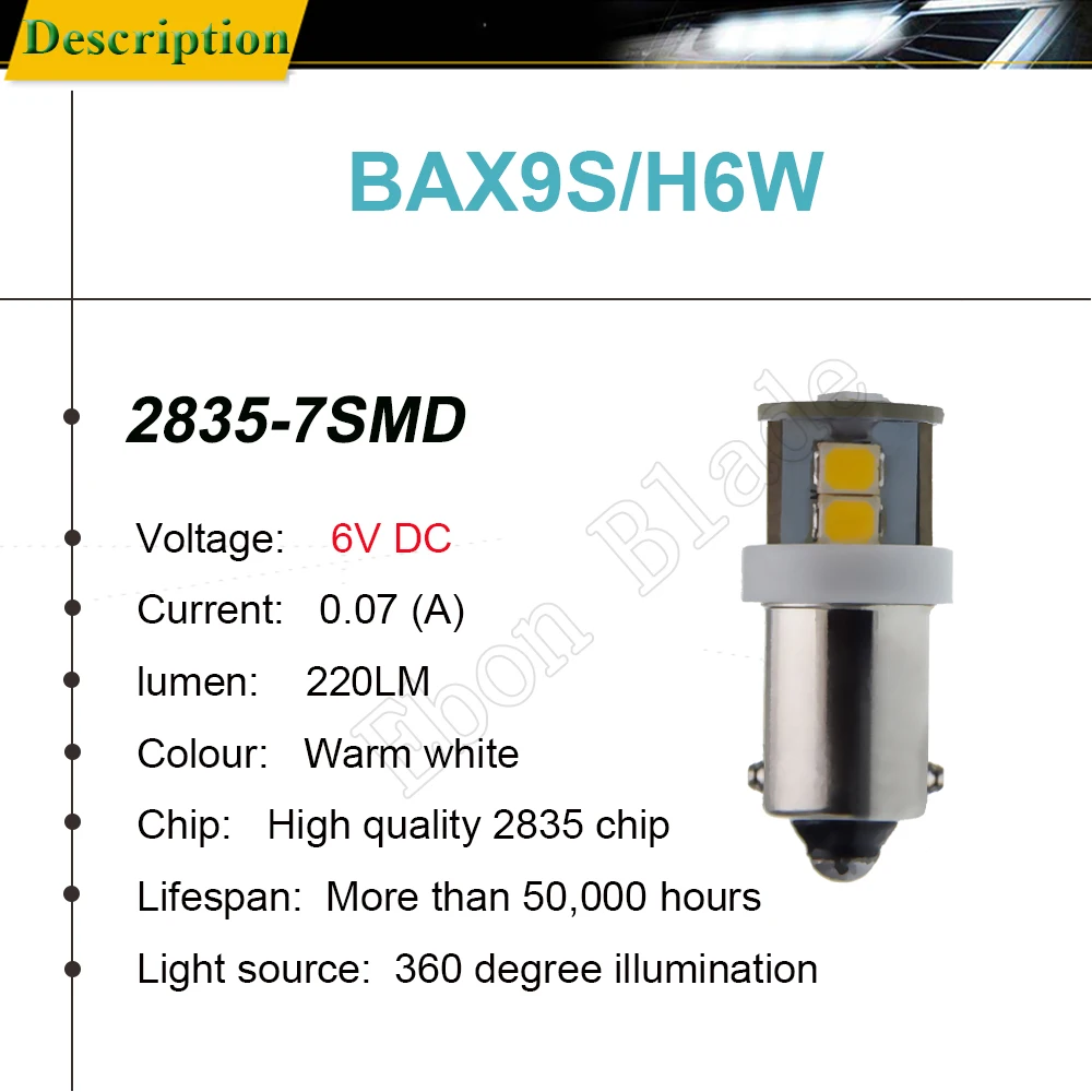 1Pcs BAX9S H6W LED Signal Lamp Warm White Car Lights Side Marker Width Bulb Reading Festoon Dome Map Lamp License Plate Light 6V