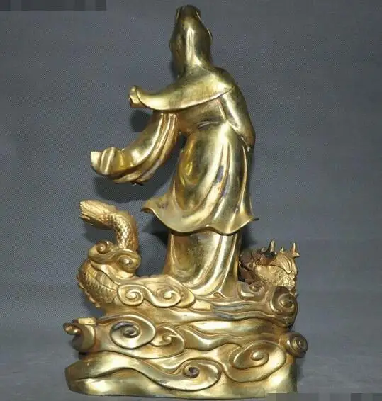 Old Chinese bronze Gilt station Dragon turtle Kwan-yin Bodhisattva Buddha Statue