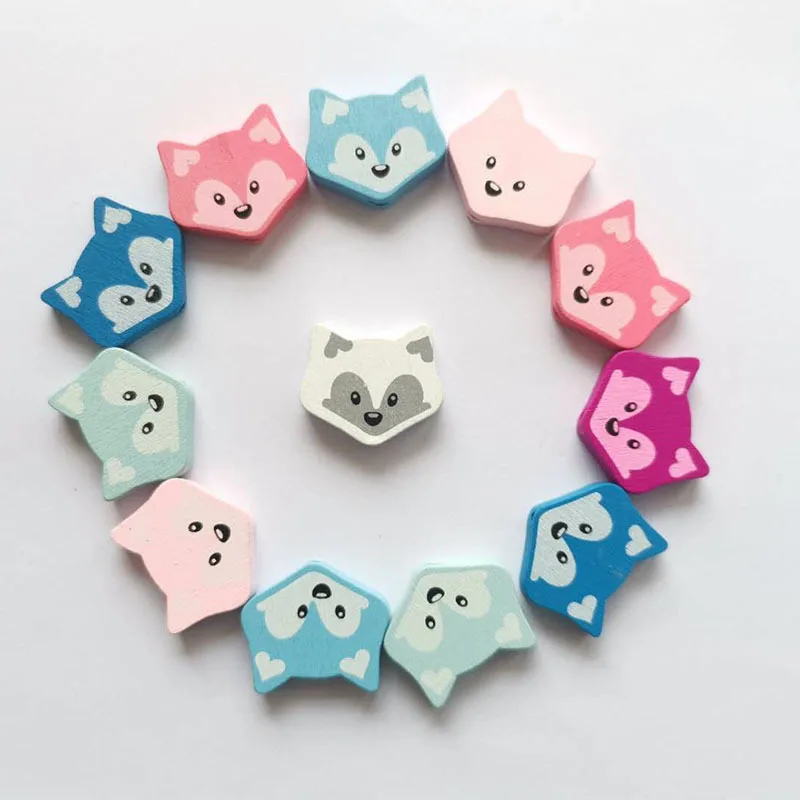 20 Pcs Clorful Fox Shaped Wooden Beads And Chips DIY Handmade Natural Environmentally Friendly Jewelry Baby Toy Accessories