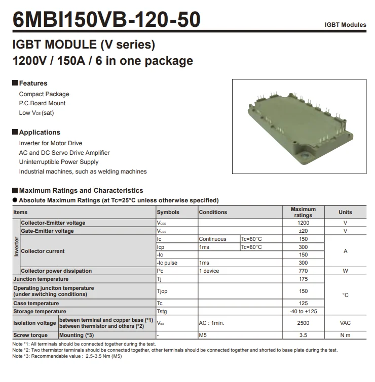 Original 6MBI150VB-120-50 IGBT módulo 6MBI100VB-120-50 1200V