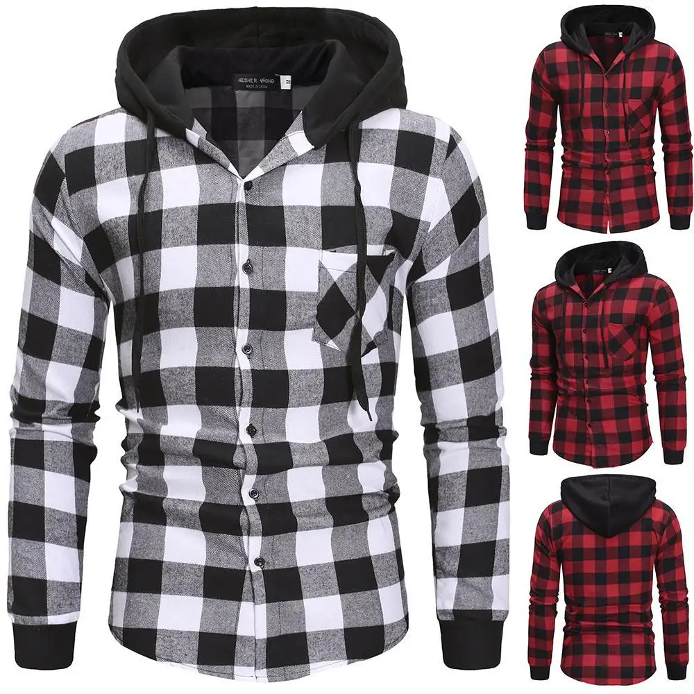 2023 Men's Shirts Autumn Fashion Casual Plaid Shirts Long Sleeve Cotton high quality Pullover Hooded Shirt Winter Mens Top