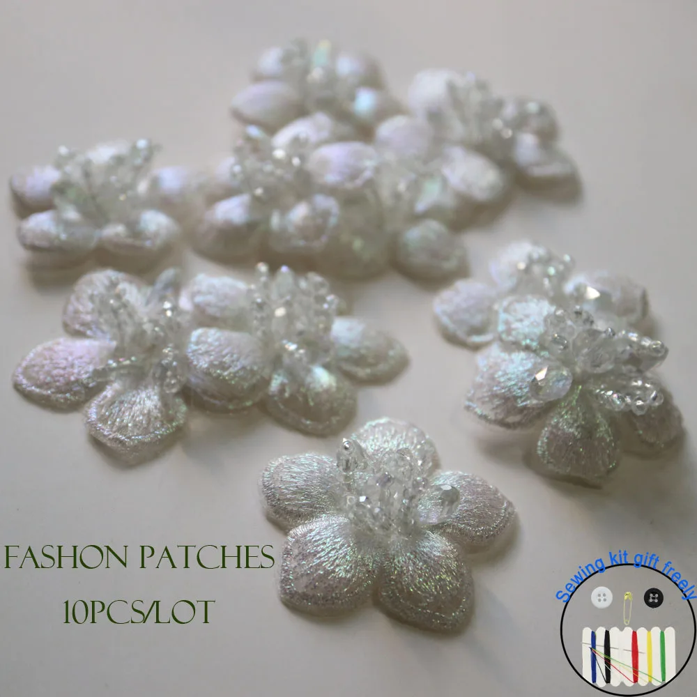 10pcs/lot Handmade white sukura flower beaded patches for clothing DIY sew on patch embroidered applique Parches