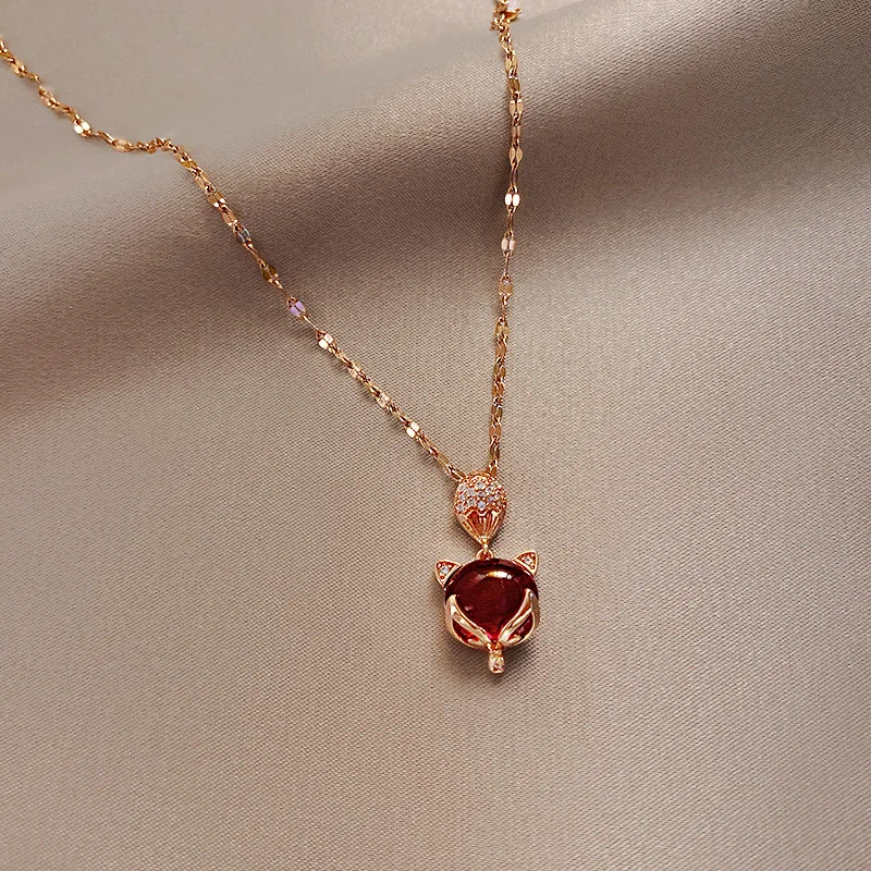 New Trendy Brave Troops Fox Necklace For Women Ins Red Crytal Stainless Steel Necklace Female Minimalist Jewelry
