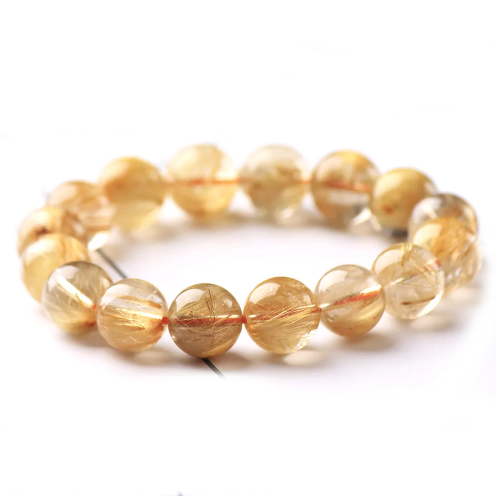 

Top Natural Gold Hair Rutilated Quartz Bracelet For Women Lady Men Wealth Gift Crystal Beads Jewelry Strands AAAAA 13-14mm