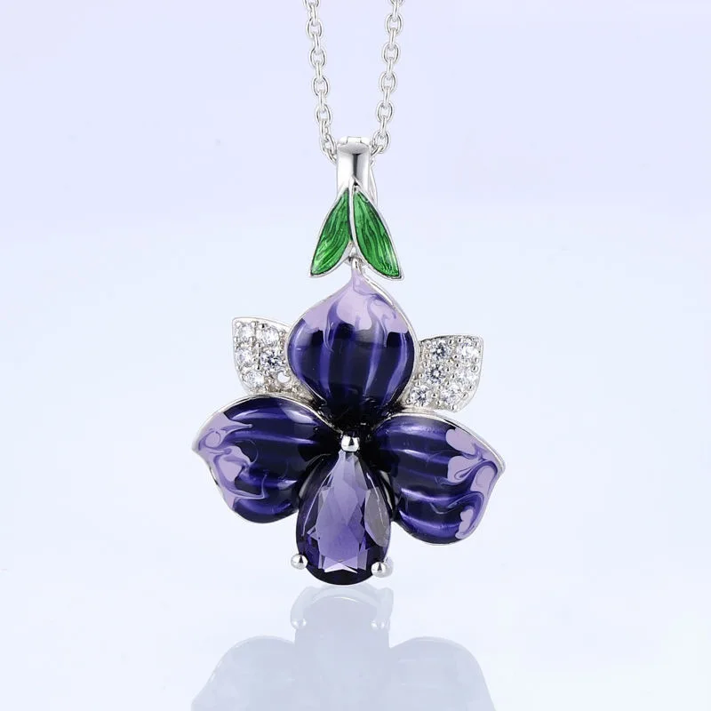 Ladies Trendy Silver Enamel Jewelry Set High Quality Purple Zircon Flower Petal Pendant Necklace Ring Earrings Wedding Party Set