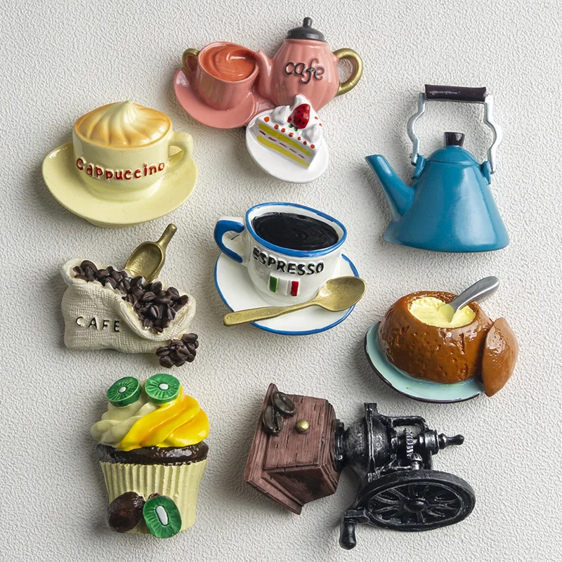 Nordic ins home decoration 3D food macarone coffee refrigerator paste magnetic Coffee cake kettle fridge magnet collection gifts