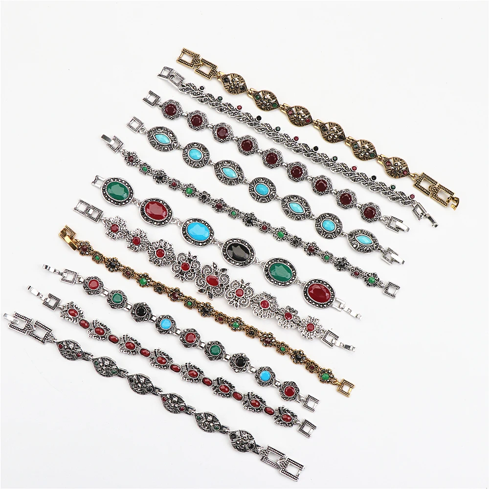 Wholesale 10pcs/lots Bulk Vintage Metal Bohemian Ethnic Crystal Charm Bracelet For Women Party Gift Mix Style