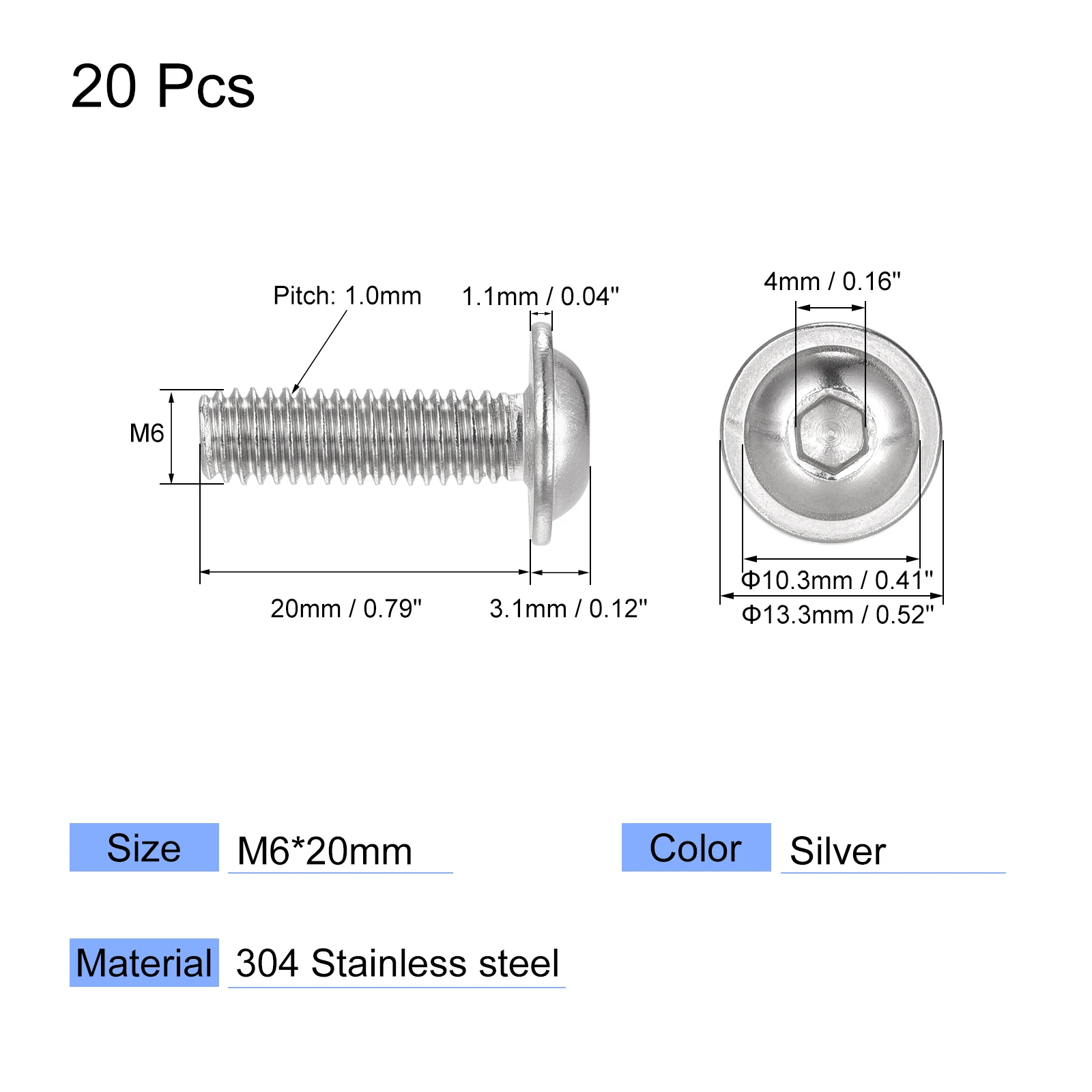 Uxcell 20pcs M6x20mm 304 Stainless Steel Flanged Button Head Socket Cap Screws