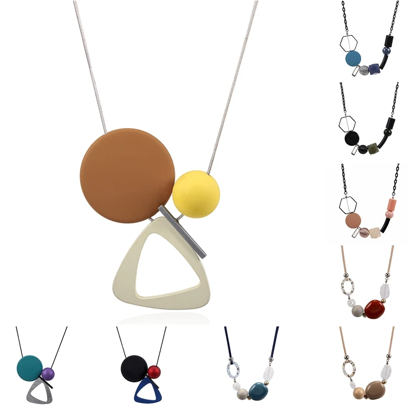 Match-Right Acrylic Beads Necklace & Pendant for Women Geometric Wood Bead Necklace Vintage Femal Jewelry for Gift Party