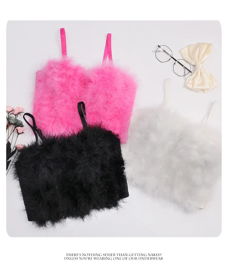 Stitching Furry Suspenders Vest Female Feathers Tube Top Corselets Bachelorette Bustier Bra Push Up Slim Fit Bralette Cropped