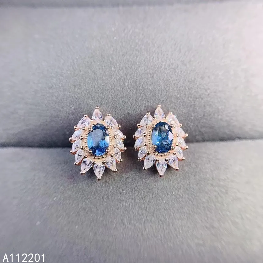 Fine Jewelry 925 Sterling Silver Inset With Natural Gems Women's Luxury Lovely Flower Blue Topaz Earrings Ear Stud Supports Dete