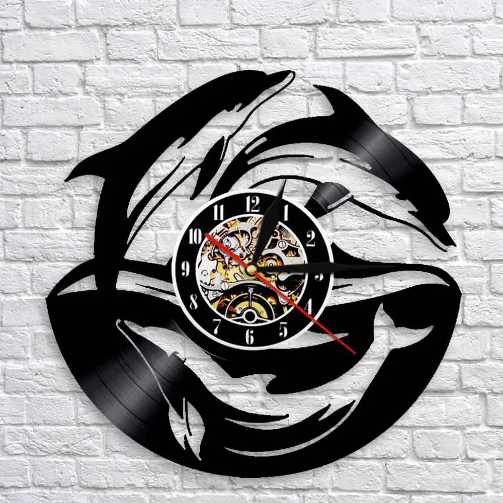 Dolphin Sea Ocean Life Animal Vinyl Record Wall Clock Underwater Wildlife Marine Jumping Dolphin Wall Clock Vintage Decor Watch
