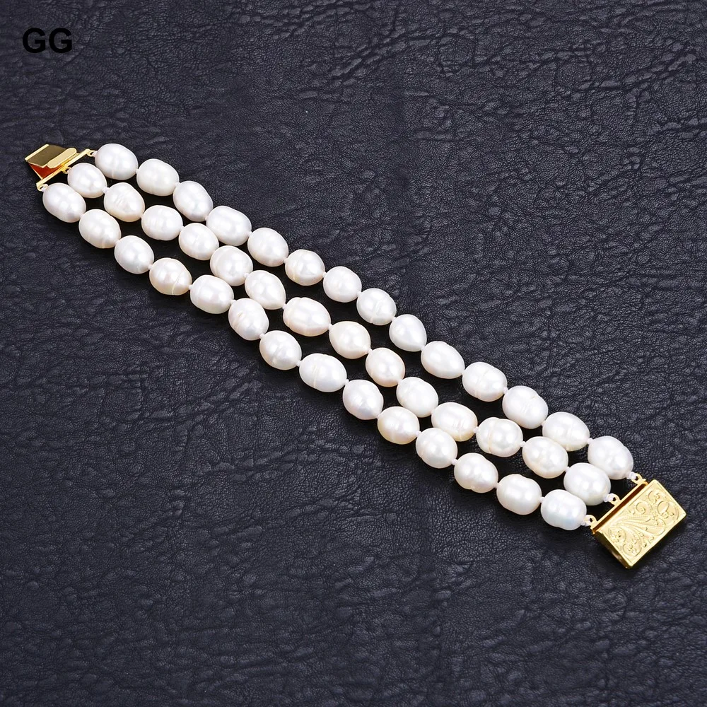 GuaiGuai Jewelry 3 Strands Natural 12MM White Rice Pearl Bracelet For Women