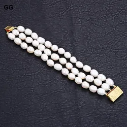 GuaiGuai Jewelry 3 Strands Natural 12MM White Rice Pearl Bracelet For Women