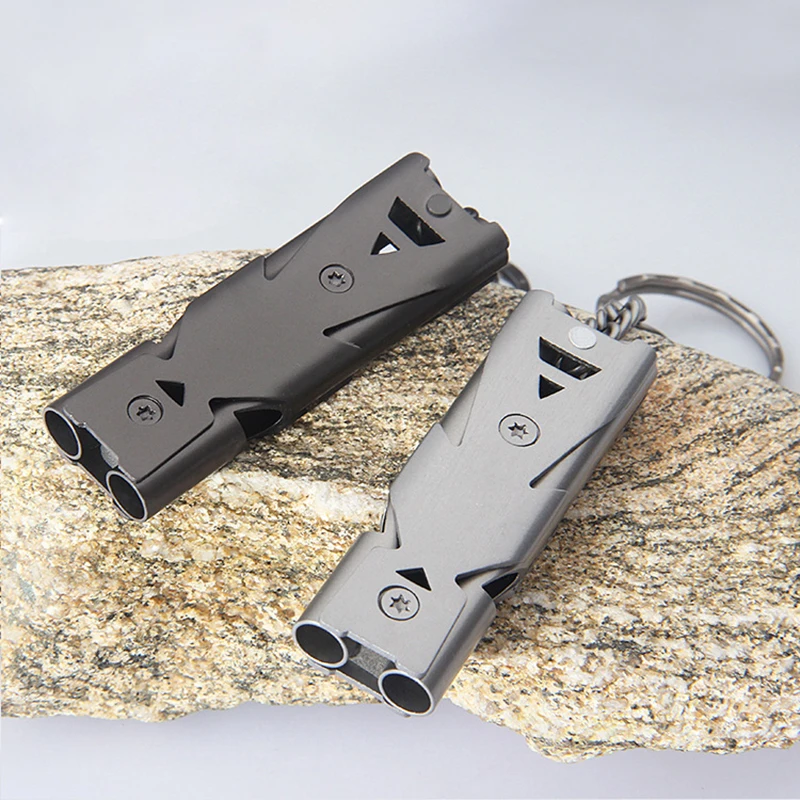 High Decibel Whistle Keychain Stainless Steel Double Pipe Camping Hiking Emergency Survival Whistle Outdoors Tools Portable 2023