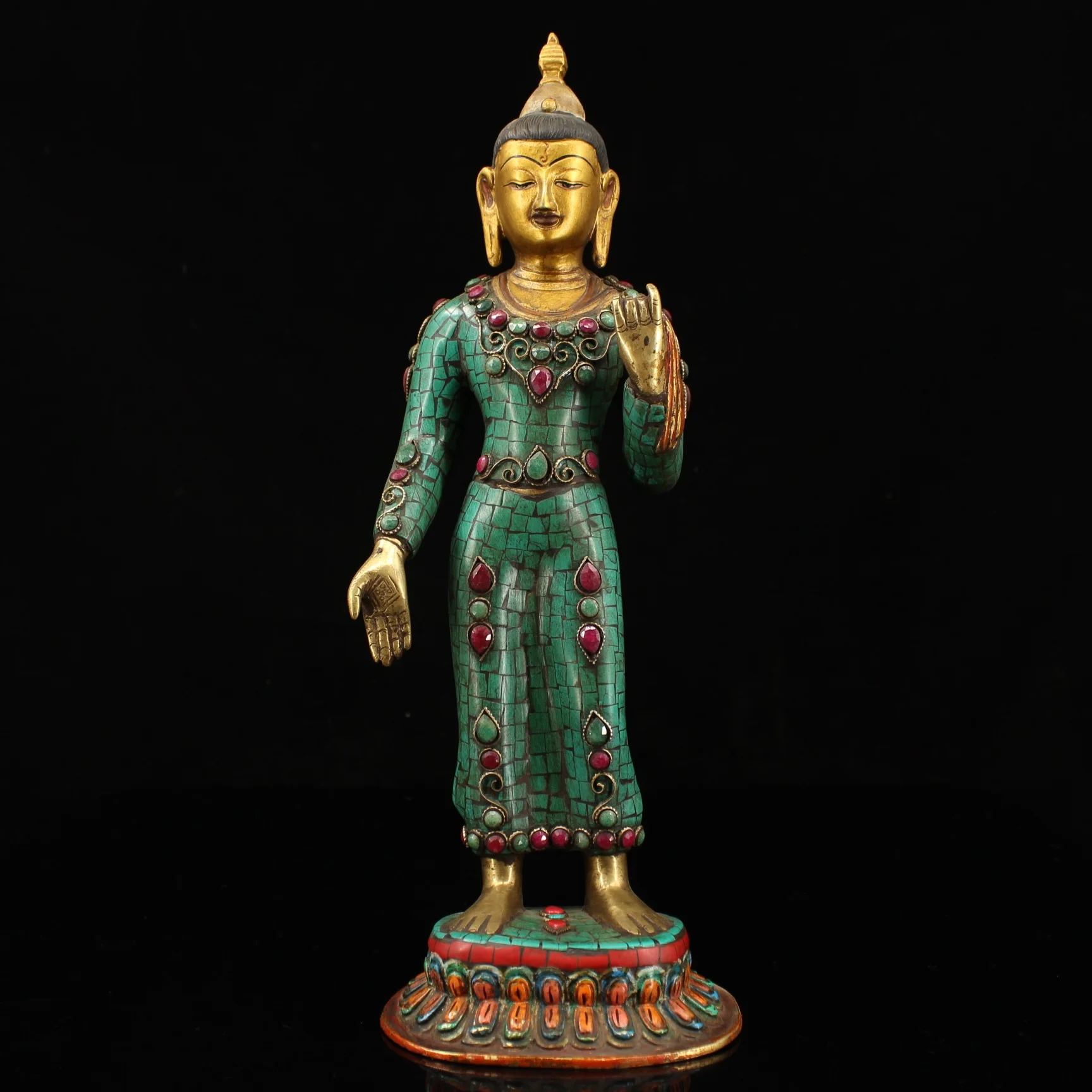 

15"Tibetan Temple Collection Old Bronze Gem Painted Outline in gold Great Buddha Tathagata Sakyamuni Enshrine the Buddha