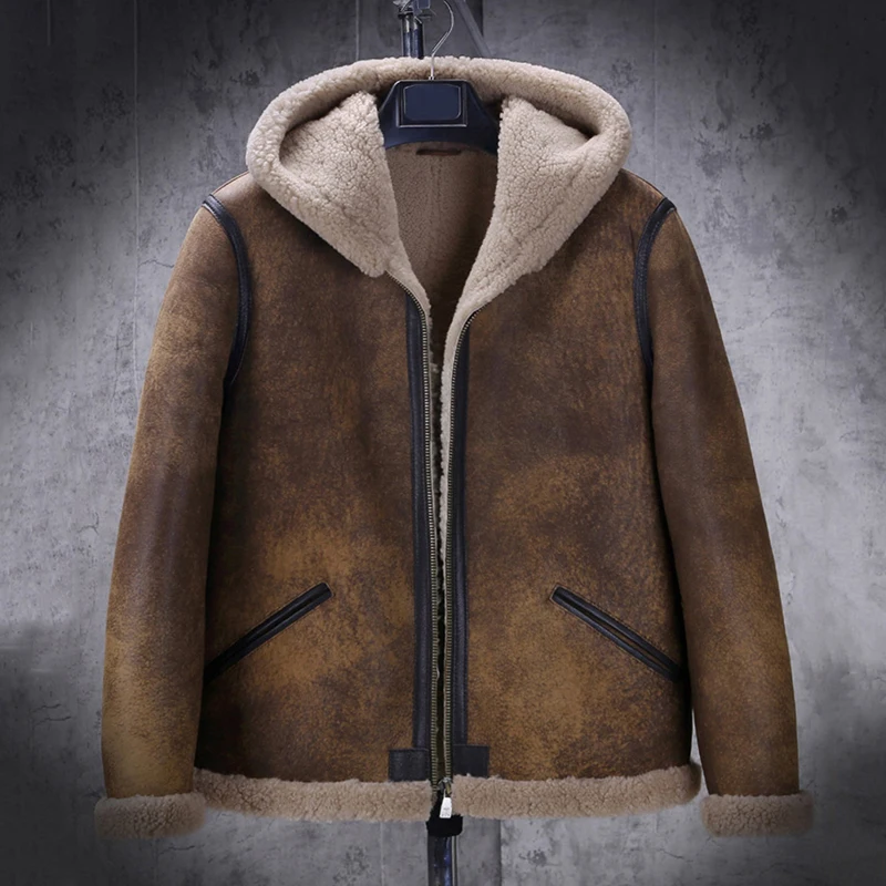 New Mens Shearling Jacket Retro Motorcycle Jacket Short Fur Jacket Hooded Leather Jacket Thicken Wool Coat