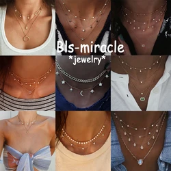 Bls-miracle Vintage Multilayer Pendant Necklace For Women Bohemian New Gold Color Heart Moon Star Choker Necklace Trendy Jewelry