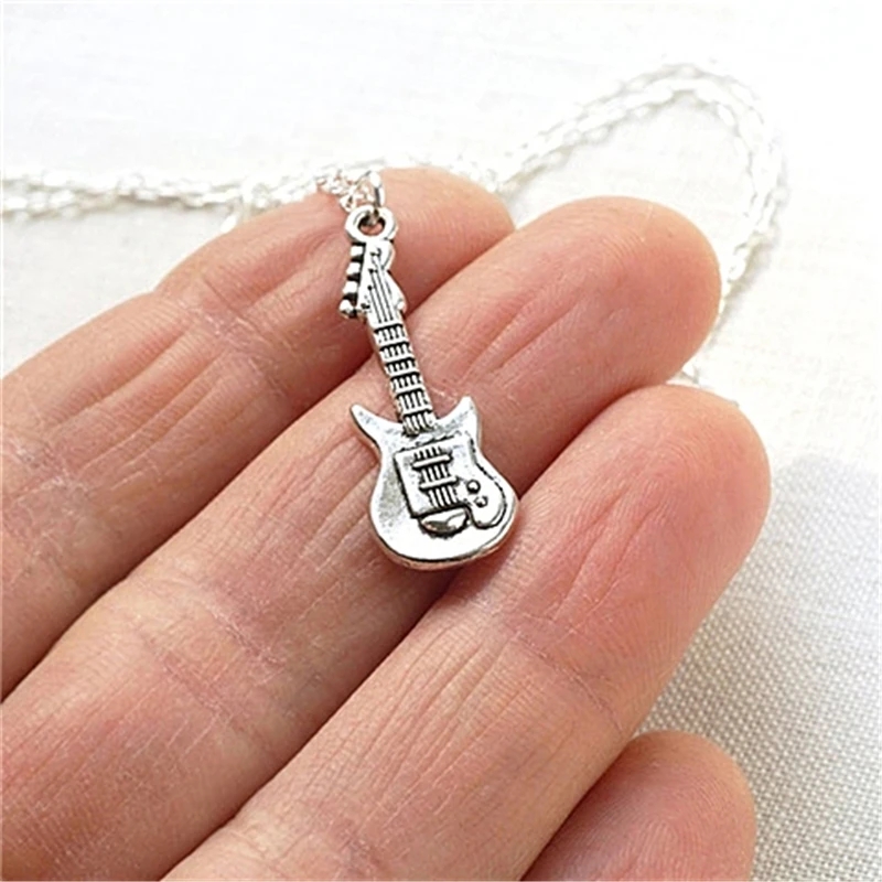 Tiny Electric Guitar Necklace, Silver Color Chain, Dainty Musical Instrument Charm Minimalist Jewelry Gift for Musician