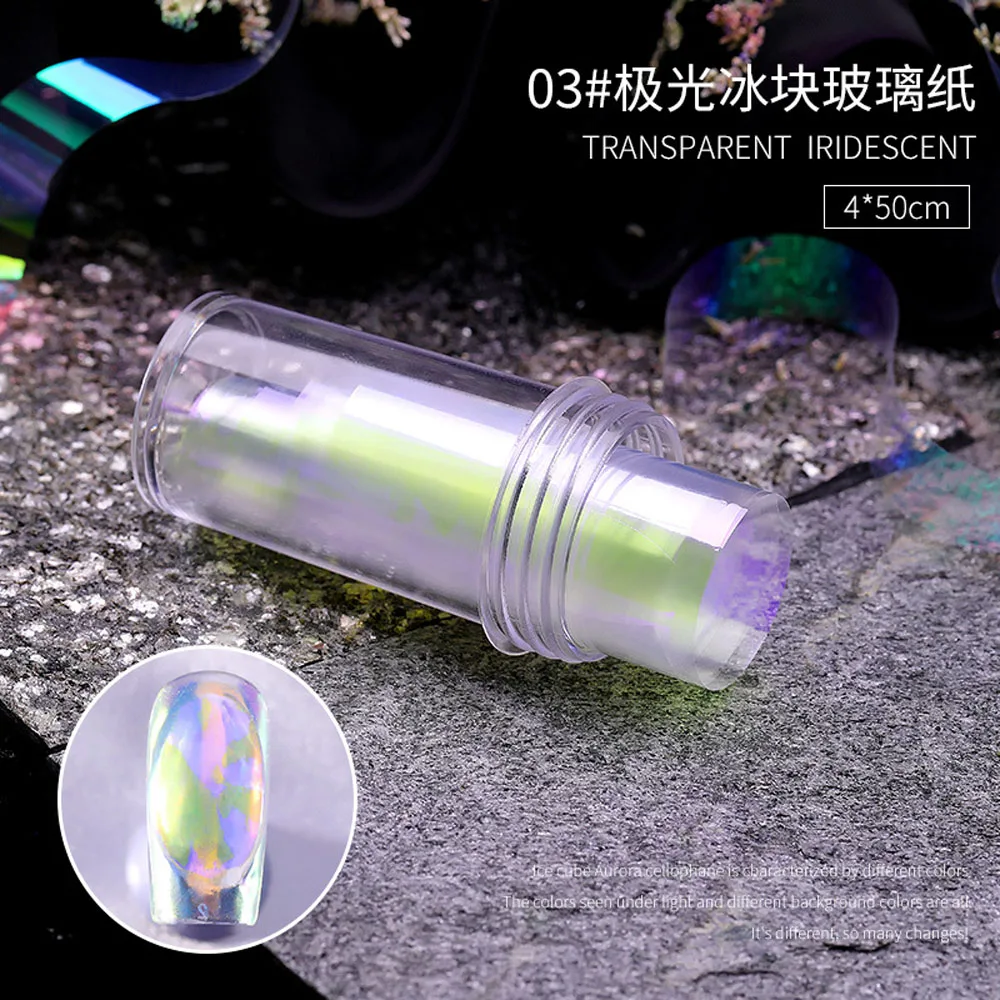 4*50cm Aurora Ice Cube Nail Art Cellophane Large Colorful Transfer Foil Film Paper Laser Jewelry Candy Iridescent Nail Sticker