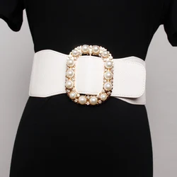 Ceinture large en cuir PU pour femme, haute élasticité, ceinture de taille commandée pour robe d'automne, environnement blanc, perle rouge