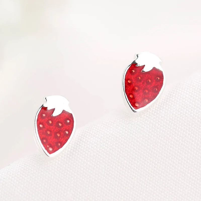 100% 925 Sterling Silver Enamel Strawberry Stud Earrings for Women Girl Gift Jewelry  pendientes boucle d oreille eh716