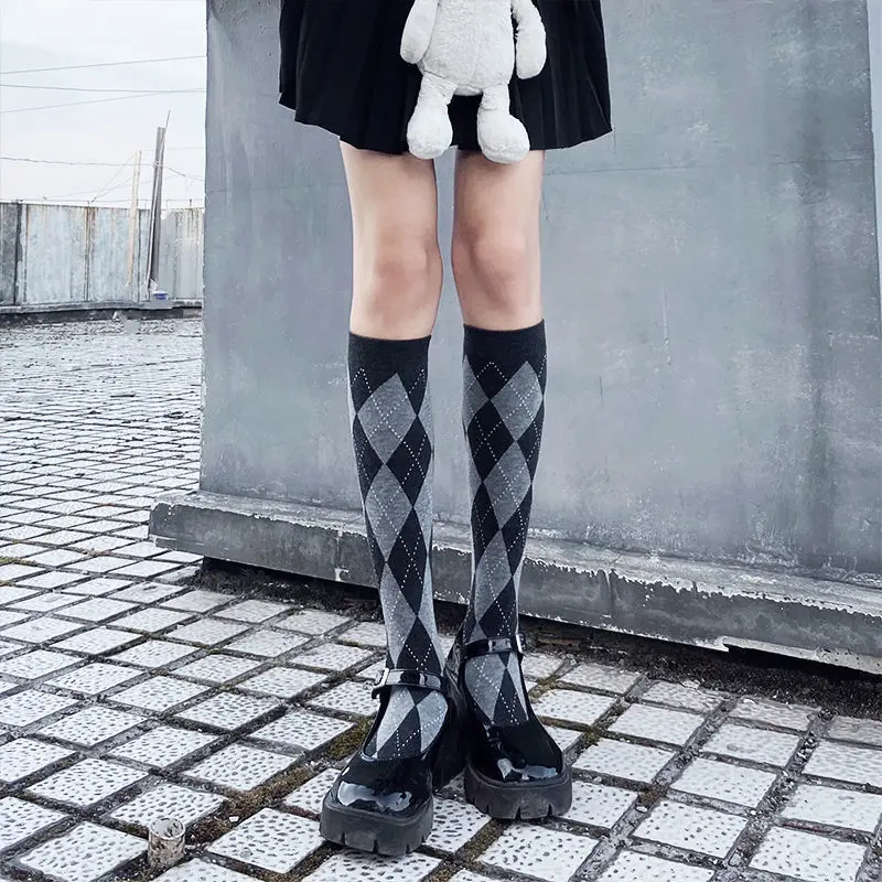 Autumn Winter Women Calf Socks JK INS Tide Cotton Stockings British Style Plaid Female High Knee Sock Polyester Long Calcetines