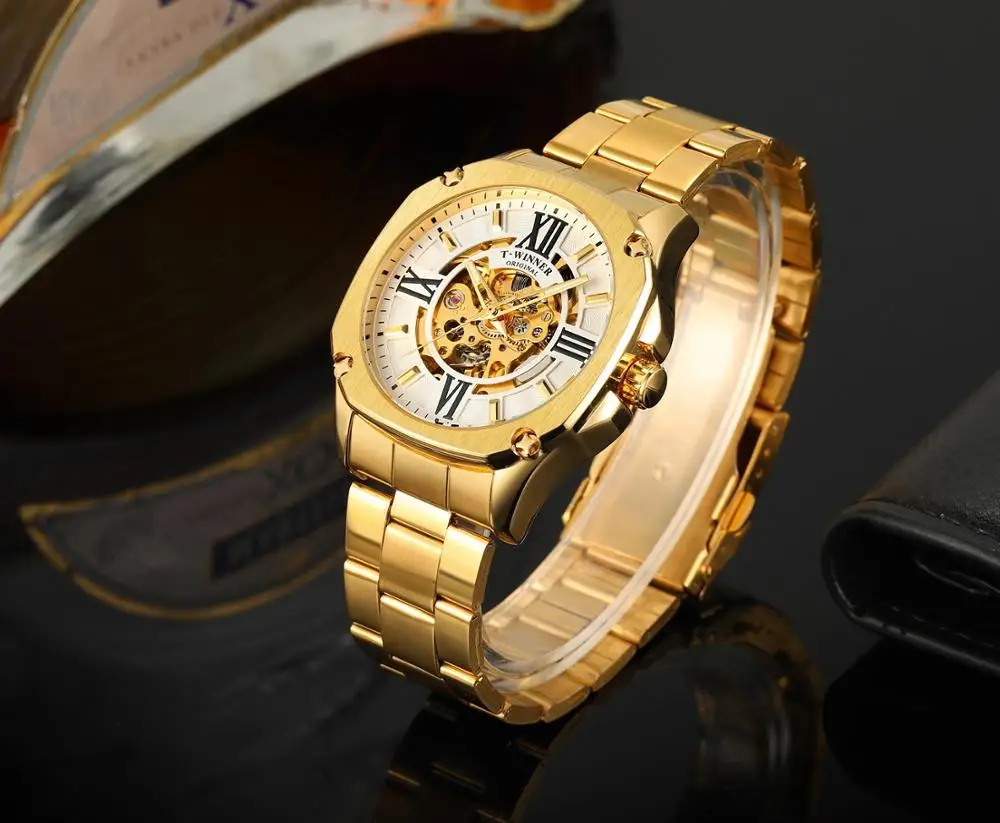 Winner Men\'s Mechanical Watch Retro Golden Skeleton Square Automatic Skeleton Stainless Steel Belt Gentleman Wrist Watches Clock