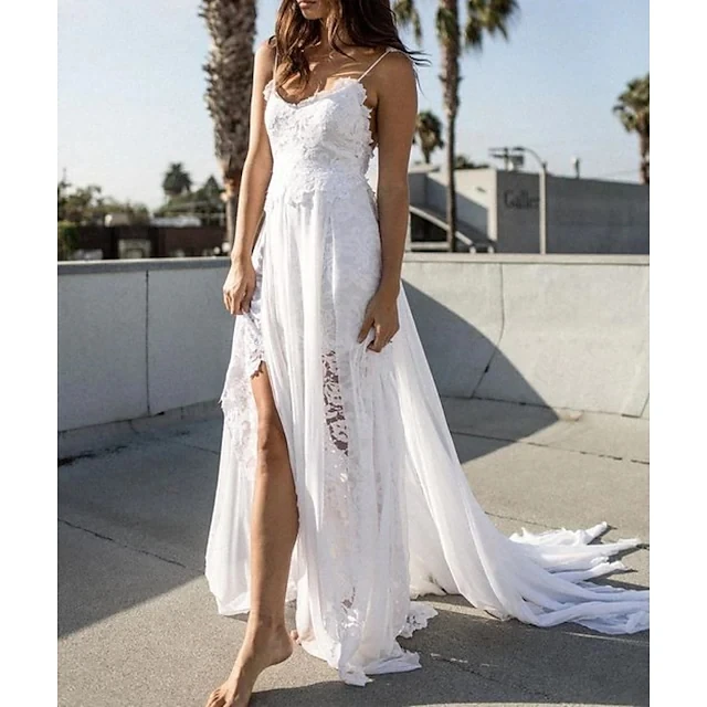 Sexy Boho cinghie Split abiti da sposa fessura Backless pizzo Chiffon abiti da sposa bohémien matrimonio spiaggia abiti da sposa