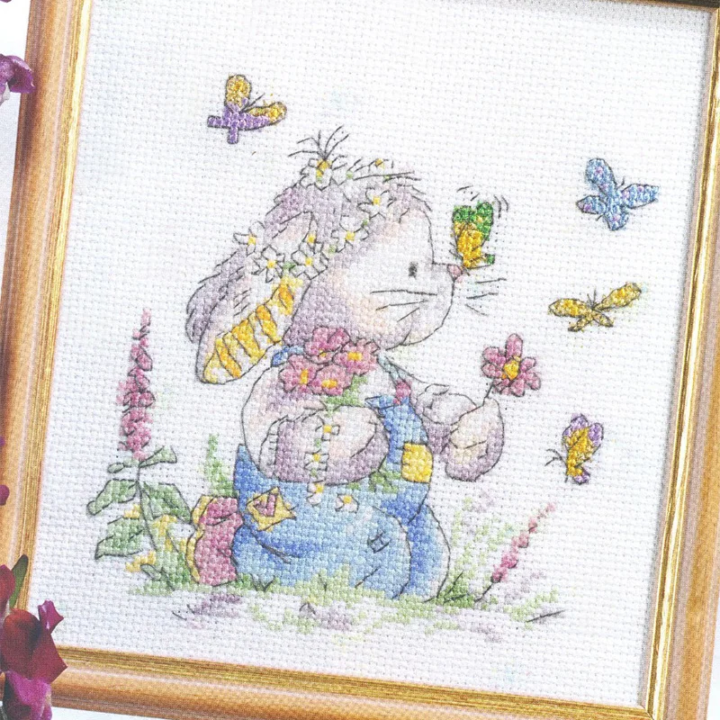 Hand Embroidered Hanging Painting Cross Stitch Kit Precision Printing XT29 Cute Cartoon Bunny Wildflower Children's Bedroom