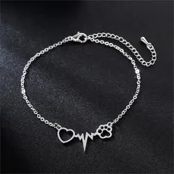 Kinitial New Heartbeat Dog Cat Paw Bracelets for Women Wrist Bangles Gifts For Nurse Doctor Jewelry Friendship Heart Bracelet