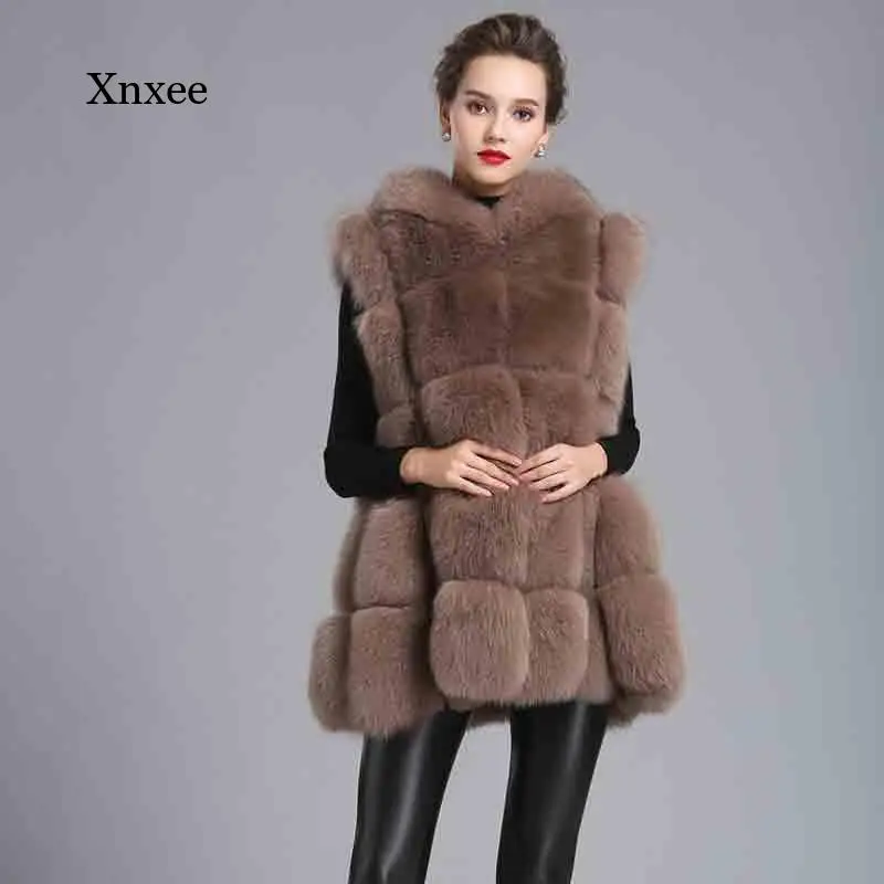 

Hooded Fox Fur Vest Winter Coat Women Thick Faux Fur Tank Middle-Long Paragraph A Word Big Pendulum Gilet Veste Clothing Tops