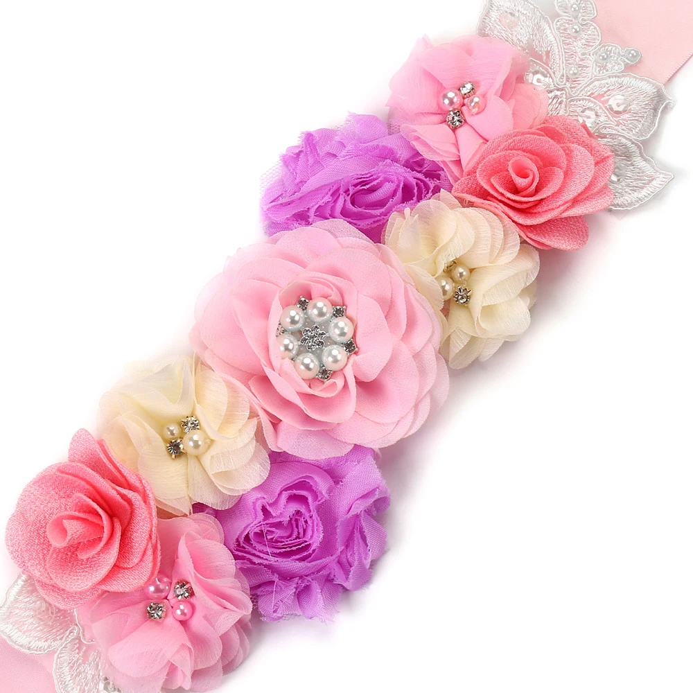 Rosa Blume Mädchen Schärpe Gürtel für Kinder Frauen Mutterschaft Bund Strass Blumen Spitze Band Braut Hochzeit Kleid Taille Gürtel