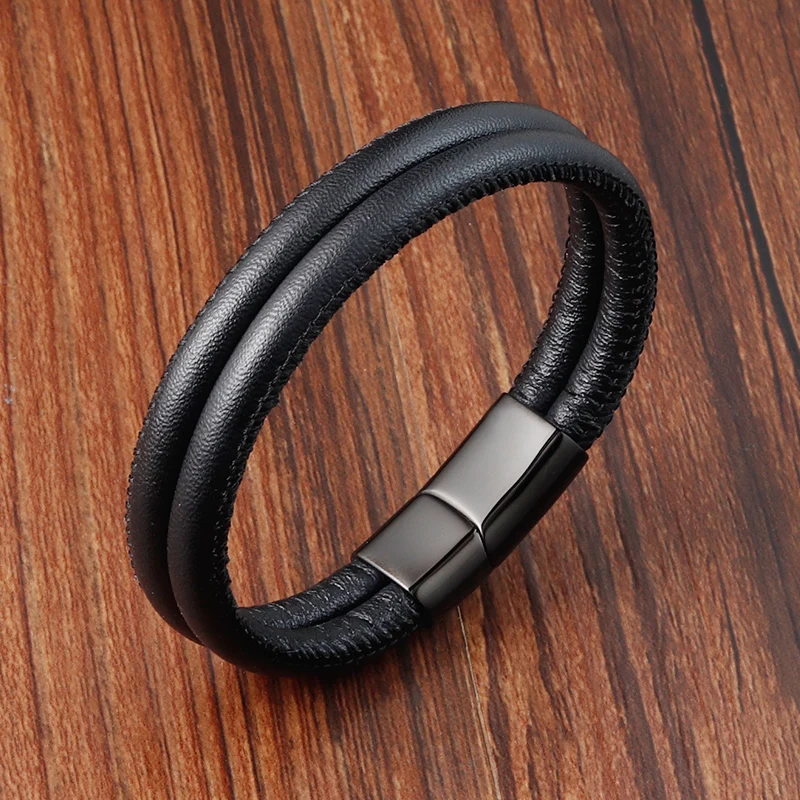 Trendy Accessories Stainless Steel Men's Leather Bracelet Multilayer Combination Magnet Clasp Adjustable Closure Big Discount