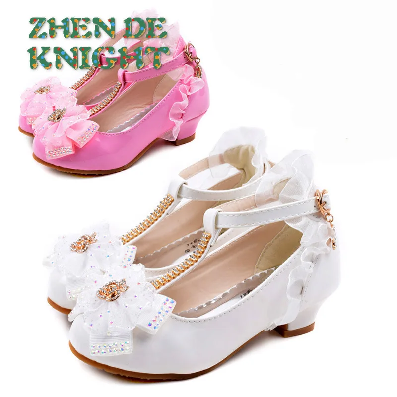 Children Party Leather Shoes Girls PU Low Heel Lace Flower Kids Shoes for Girls Single Shoes Dance Dress Shoe White Pink