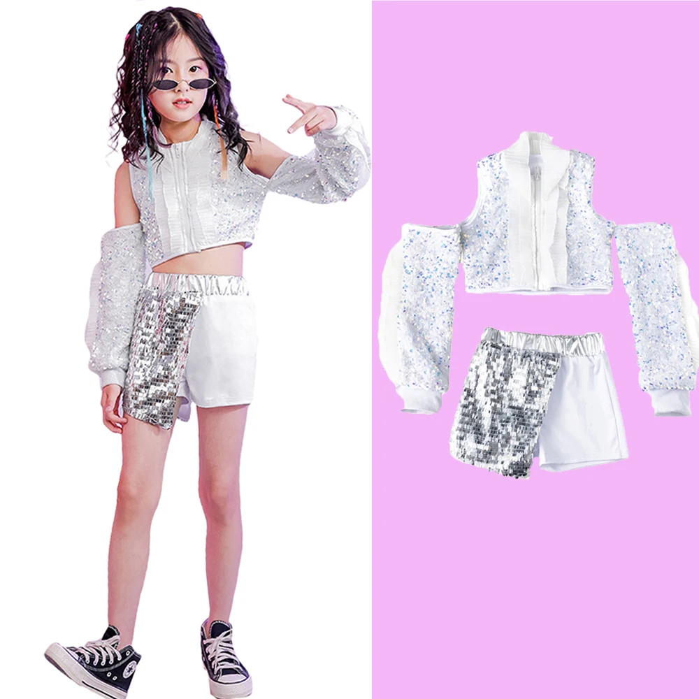 LOLANTA 2Pcs Girls Sliver Sequin Crop Tops + Shorts Set Children's Hip Hop Dance Stage Performance Wear Birthday Gift