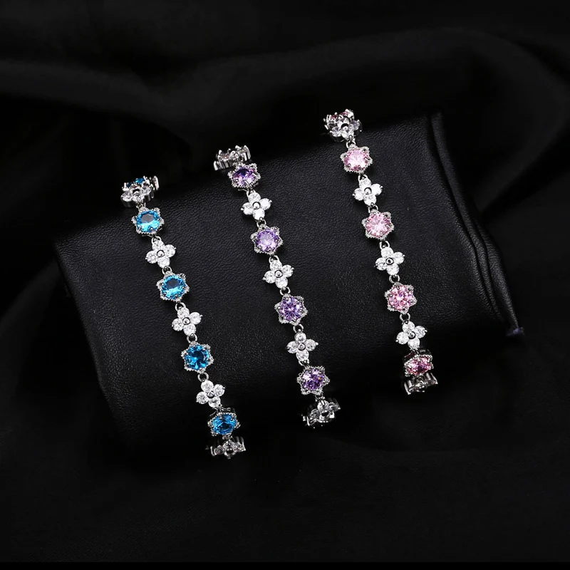 Pera Luxury White Gold Color Cluster Flower Shape Royal Blue and White CZ Zircon Stone Bracelets Party Jewelry for Women B018