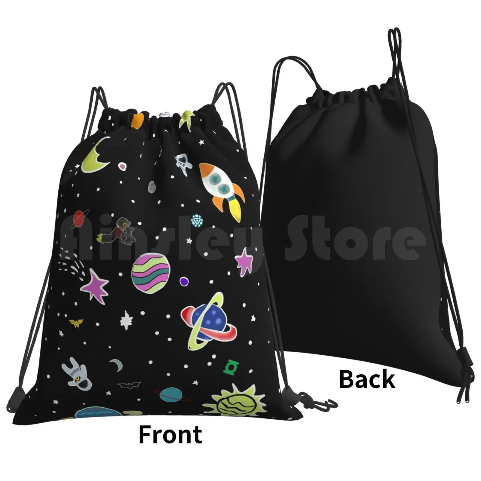 Superhero Space Backpack Drawstring Bags Gym Bag Waterproof Superhero Space Stars Moon Astronaut Rocket Ship Planets