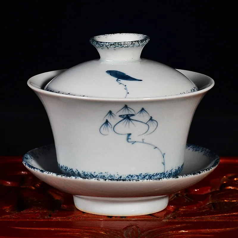 Jingdezhen-Hand-painted Ceramic Tea Bowl, Retro Gaiwan, Blue and White Porcelain Tea Cover, Sancai Tea Bowl, Ancient Teacup