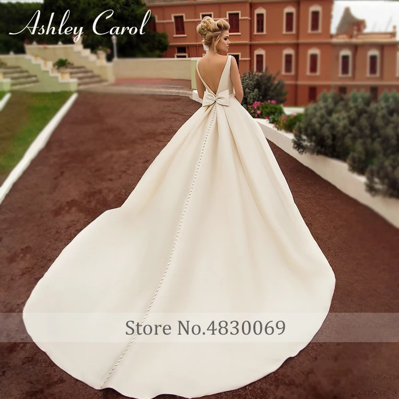 Ashley Carol A-Line Satin Wedding Dress 2023 Elegant Backless Scoop Bow Pockets Wedding Gown Customized Size Vestidos De Novia