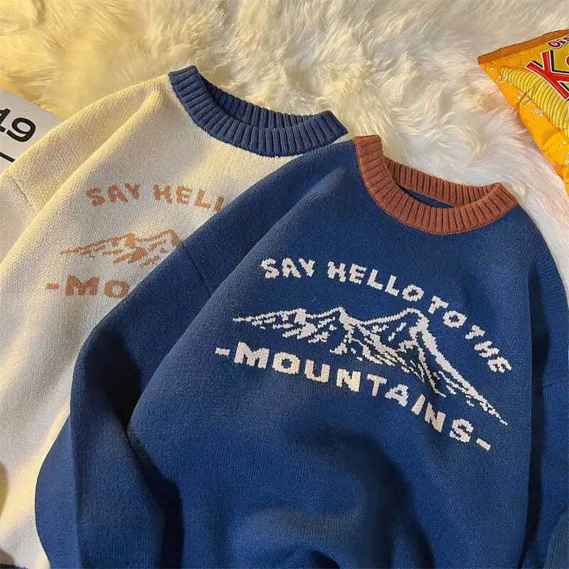 Vintage Mountains Letter Print Sweater Women Harajuku Couples Streetwear Knitted Pullovers Hip Hop Fashion Winter Tops Oversized