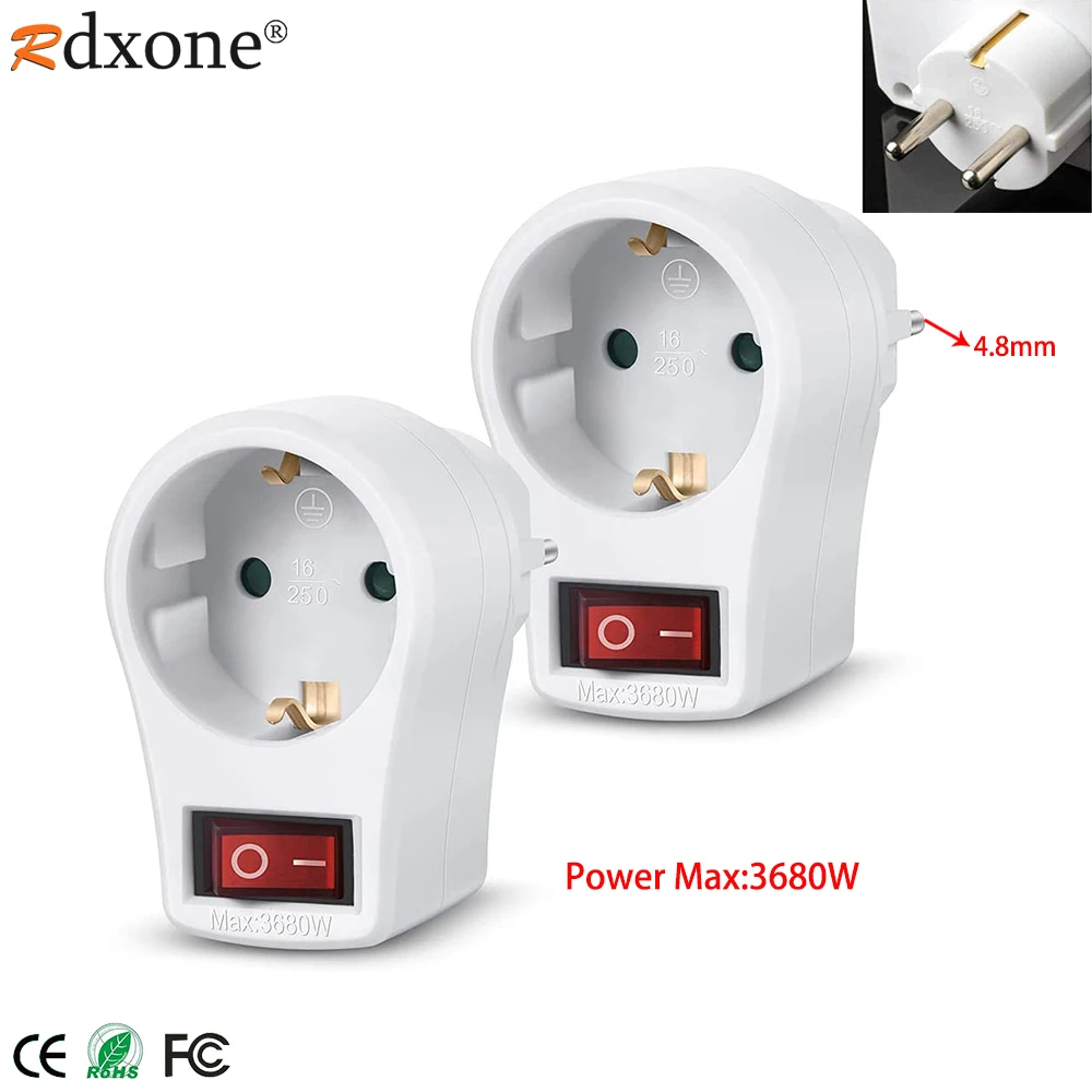 16A EU Socket 250V Power Extension Plug Converter 4.8mm 2 Pin European Standard Expansion Socket with ON/OFF Switch