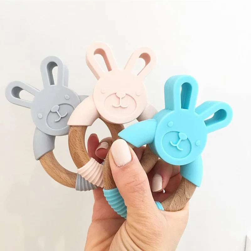 Animal Silicone Teether Wooden Ring 1Pcs BPA Free Nursing Accessories Chewable Rattle Circle Newborn Shower Gifts Baby Teethers