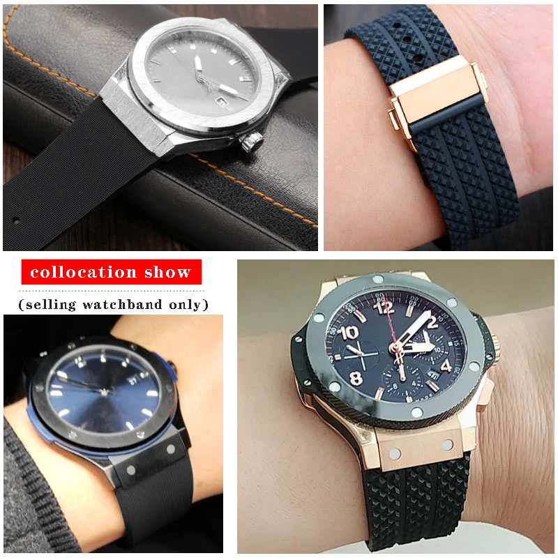 For Hublot strap BIG BANG authentic Watchband stainless buckle free tool New Black Silicone Men Rubber watchband25*19 two style