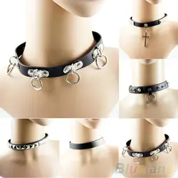 Hot Sales!! Punk Gothic Black Faux Leather Choker Cross Spike Rivet Buckle Collar Necklace