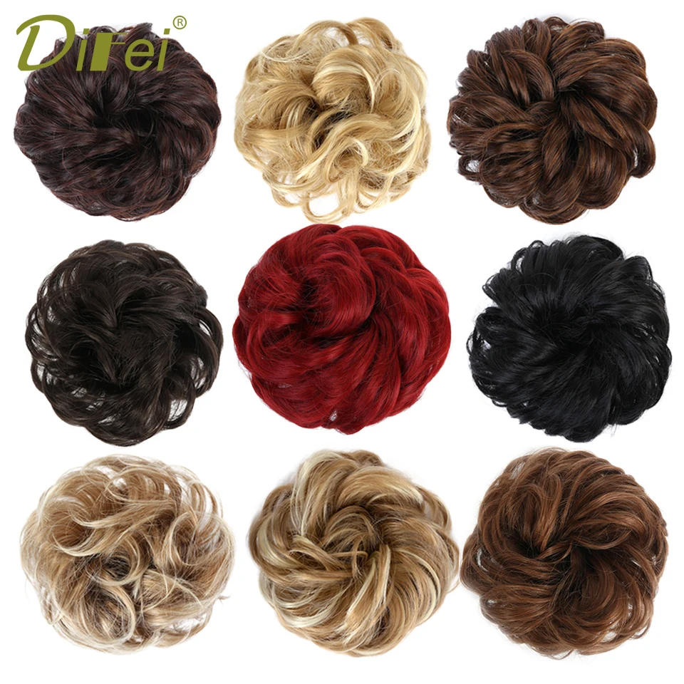 DIFEI Curly Scrunchie Chignon z gumką brązowy różowy syntetyczny gumka do włosów Wrap na roztrzepany kok kucyki proste włosy