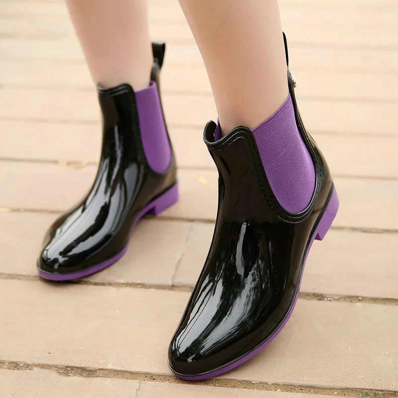 Womens Rainboots Waterproof Single Shoes Woman Mud Water Shoes Rubber Slip on PVC Elastic Ankle Boots Fashion Rain Boots